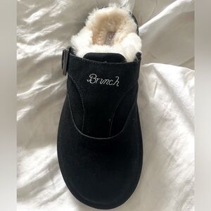 Brunch Amour Suede Shearling Slippers, Black, Size 9